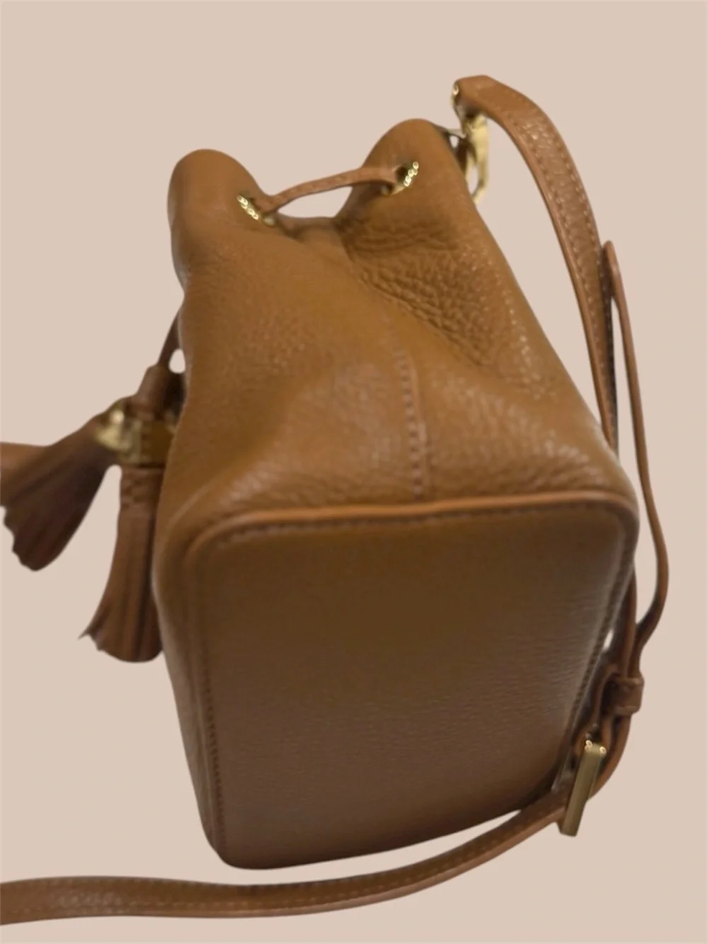 Tory Burch Cognac Pebbled Leather Tassel Drawstring Crossbody